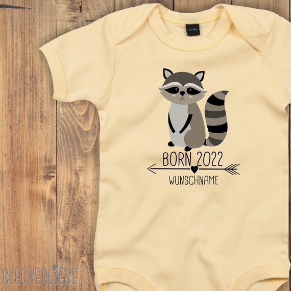Baby bodysuit with desired text "Born 2024 2025 2026... Animal motif arrow desired name name text raccoon" baby bodysuit romper boys girls short sleeve