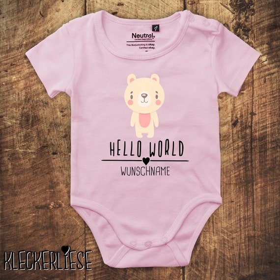 kleckerliese Babybody Body mit Wunschname "Hello World Eisbär Wunschname" Fair Wear, Bio, Organic Baby Jungen Mädchen