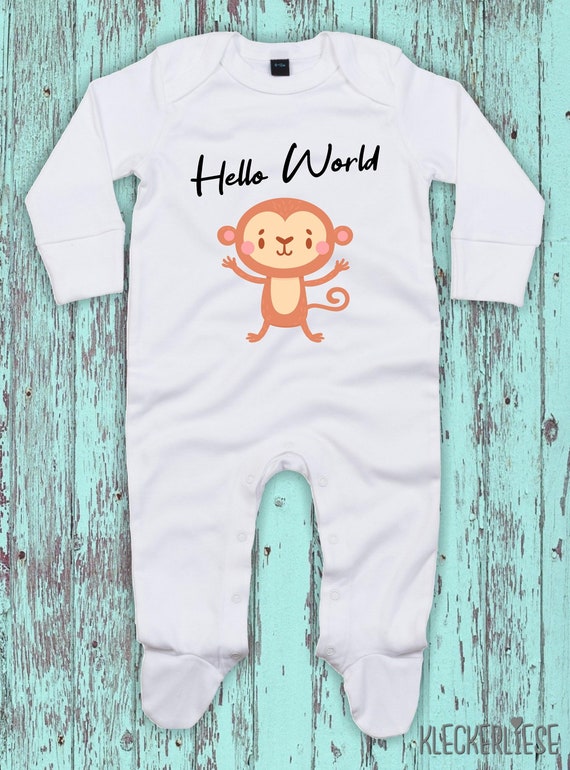 Kleckerliese Baby Schlafanzug "Hello World Affe" Sleepsuit Langarm Jungen Mädchen Einteiler Strampler