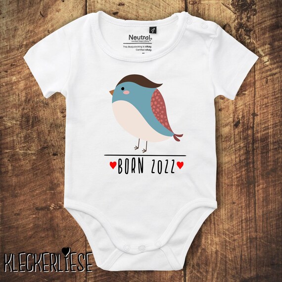 kleckerliese Babybody Body "Born 2022 Tiermotiv Vogel" Fair Wear, Bio, Organic Baby Jungen Mädchen