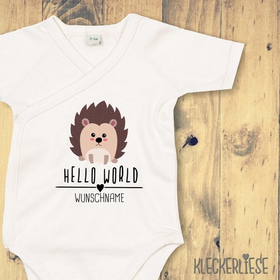 Wickelbody mit Wunschtext "Hello World Igel Wunschname" Babybody Strampler Wickelbody Organic Kimono Kurzarm Baby Body