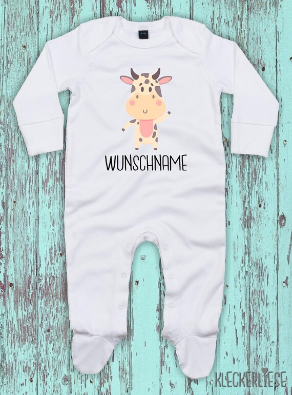 Baby Schlafanzug mit Wunschtext "Tiermotiv mit Wunschnamen Kuh Bulle" Sleepsuit Langarm Jungen Mädchen Einteiler Strampler