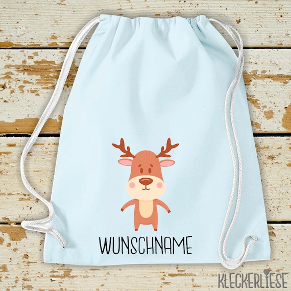 Kleckerliese Gymsack "Tiermotiv mit Wunschnamen Elch Reh Hirsch" with desired text or name Backpack Bag Cloth Bag Gym Bag Carrying Bag