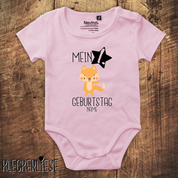 kleckerliese Babybody Body mit Wunschname "Mein 1. Geburtstag Fuchs mit Wunschname" Fair Wear, Bio, Organic Baby Jungen Mädchen