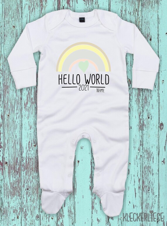 Baby Schlafanzug mit Wunschtext "Hello World 2021 Wunschname" Sleepsuit Langarm Jungen Mädchen Einteiler Strampler