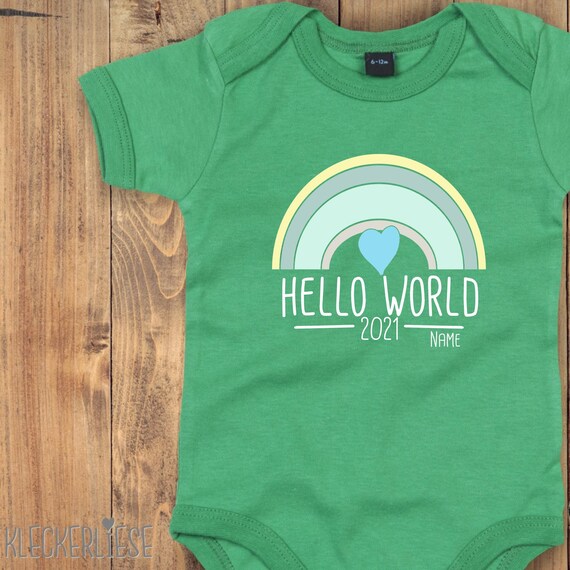 Baby Body mit Wunschtext "Hello World 2021 Wunschname" Babybody Strampler Jungen Mädchen Kurzarm