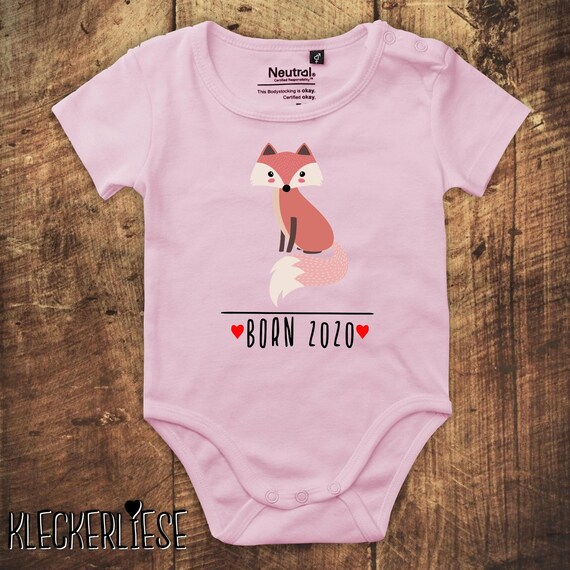 kleckerliese Babybody Body "Born 2020 Tiermotiv Fuchs" Fair Wear Jungen Mädchen Motiv Aufdruck