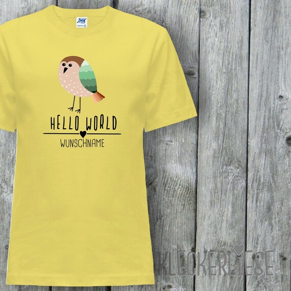 Kinder T-Shirt mit Wunschname "Hello World Vogel Wunschname" Shirt Jungen Mädchen Baby Kind