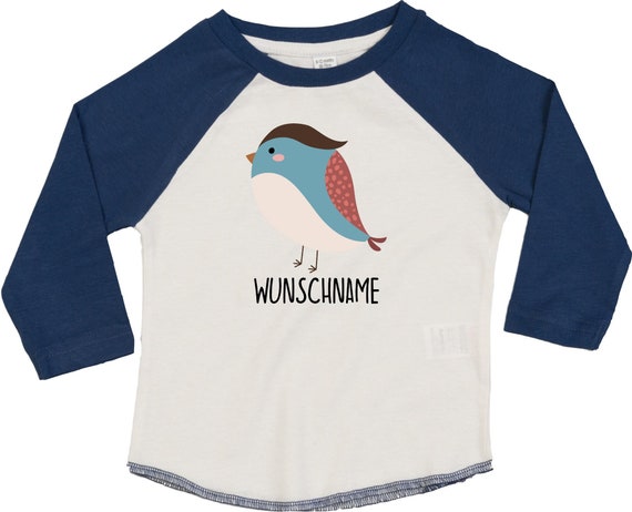 Kleckerliese Baby Kinder T-Shirt mit Wunschnamen Langarmshirt  "Vogel" Raglan-Ärmel Jungen Mädchen