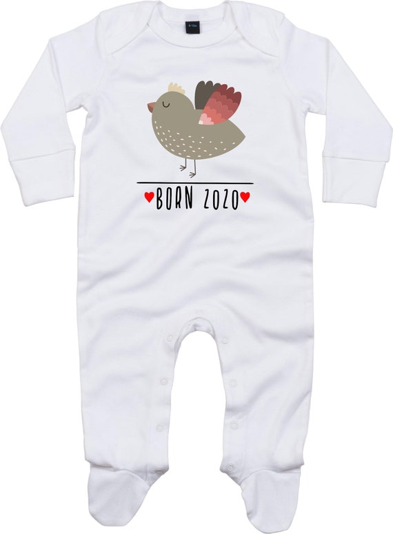 Kleckerliese Baby Schlafanzug "Born 2020 Tiermotiv Vogel" Sleepsuit Langarm Jungen Mädchen Einteiler Strampler