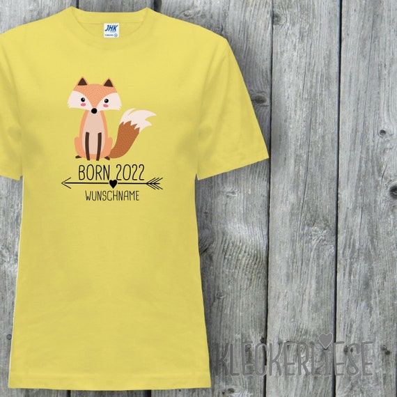 Kinder T-Shirt mit Wunschname "Born 2022 Tiermotiv Pfeil Wunschname Name Text Fuchs" Shirt Jungen Mädchen Baby Kind