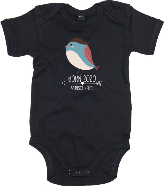 kleckerliese Baby Body "Born 2020 Tiermotiv Pfeil Wunschname Name Text Vogel" mit Wunschtext oder Name Strampler Jungen Mädchen Kurzarm