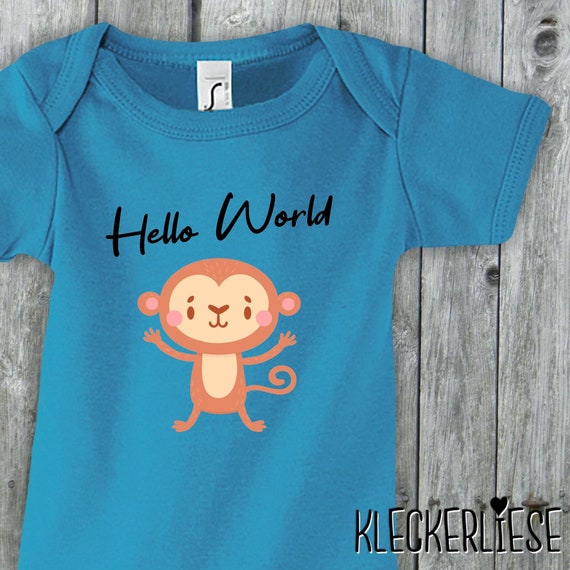 Baby Body "Hello World Affe" Babybody Strampler Jungen Mädchen