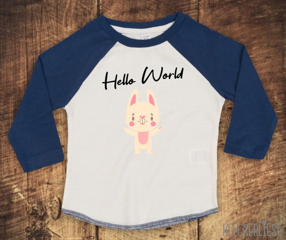 Kleckerliese Baby Kinder T-Shirt Langarmshirt "Hello World Hase" Raglan-Ärmel Jungen Mädchen