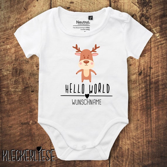 kleckerliese Babybody Body mit Wunschname "Hello World Elch Wunschname" Fair Wear, Bio, Organic Baby Jungen Mädchen