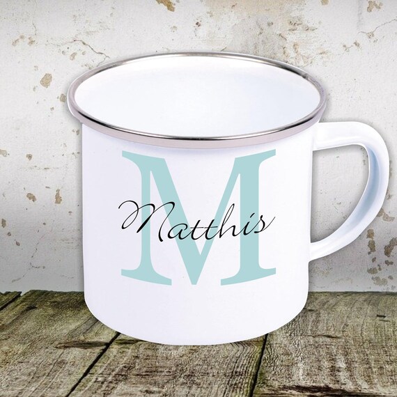 kleckerliese Emaille Tasse mit Initialen Wunschnamen Teetasse Kindertasse Motiv Camping Zelten Retro Becher