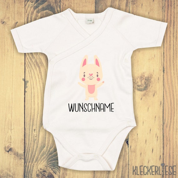 kleckerliese Wickel Baby Body "Tiermotiv mit Wunschnamen Hase Häschen" Babybody Strampler Wickelbody Organic Kimono Kurzarm