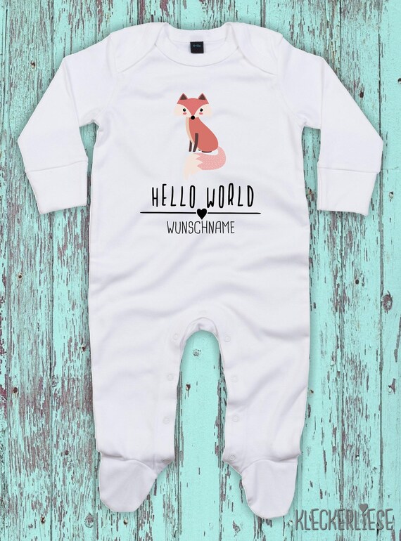 Baby Schlafanzug mit Wunschtext "Hello World Fuchs Wunschname" Sleepsuit Langarm Jungen Mädchen Einteiler Strampler