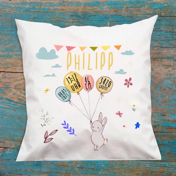 Kissen zur Geburt  Motiv Hase Geburtskissen, Namenskissen mit den Geburtsdaten Geschenk zur Geburt Geschenkidee ohne Füllung Taufe