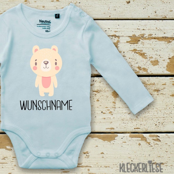 kleckerliese Langarm Babybody "Tiermotiv mit Wunschnamen Bär Eisbär" mit Wunschtext oder Name Baby Body Jungen Mädchen Longsleeve Fair Wear