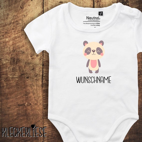 kleckerliese Babybody Body "Tiermotiv mit Wunschnamen Panda Pandabär" mit Wunschtext oder Namen Fair Wear Jungen Mädchen