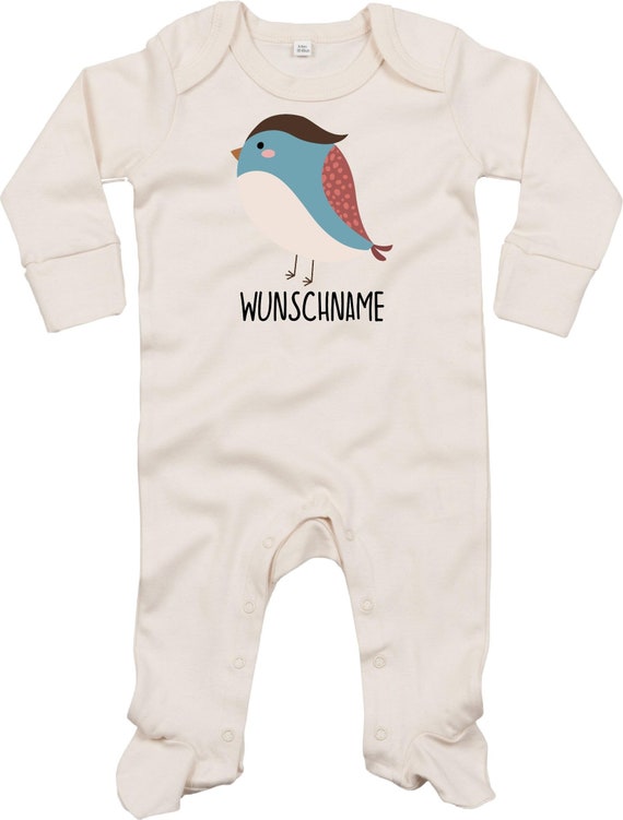 Kleckerliese Baby Schlafanzug mit Wunschnamen "Wunschname Vogel" Sleepsuit Langarm Jungen Mädchen Einteiler Strampler