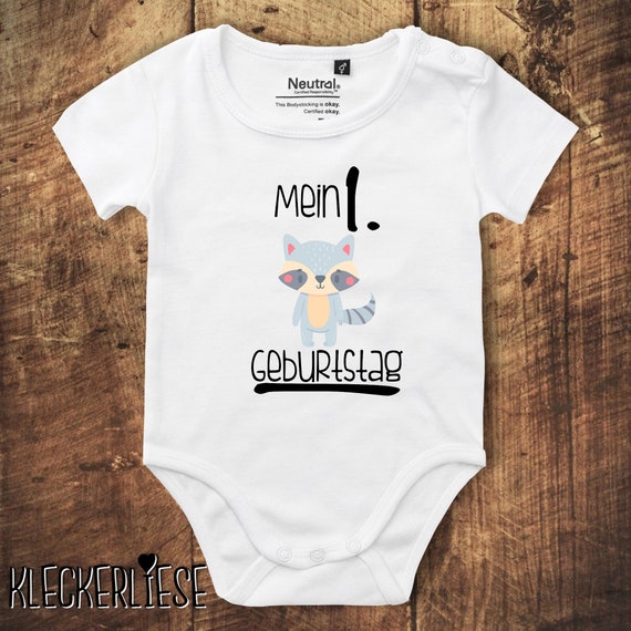 kleckerliese Babybody Body "Mein 1. Geburtstag Waschbär" Fair Wear, Bio, Organic Baby Jungen Mädchen