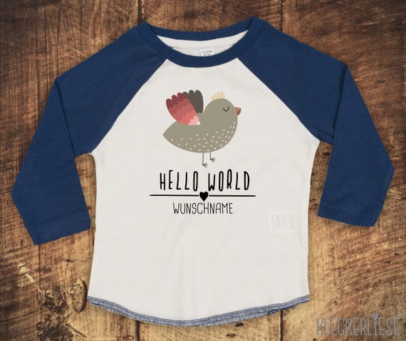 T-Shirt Langarmshirt mit Wunschname "Hello World Vogel Wunschname" Raglan-Ärmel Jungen Mädchen Baby Kinder