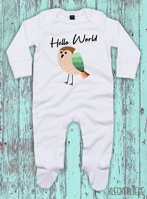 Kleckerliese Baby Schlafanzug "Hello World Vogel" Sleepsuit Langarm Jungen Mädchen Einteiler Strampler