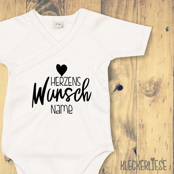 Wickelbody mit Wunschtext "Herzens Wunsch mit Wunschname" Babybody Strampler Wickelbody Organic Kimono Kurzarm Baby Body