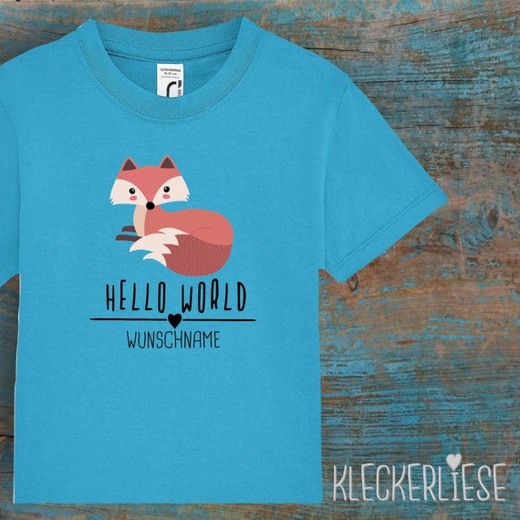 Kinder Baby Shirt mit Wunschname Kleinkind "Hello World Fuchs Wunschname" T-Shirt Jungen Mädchen
