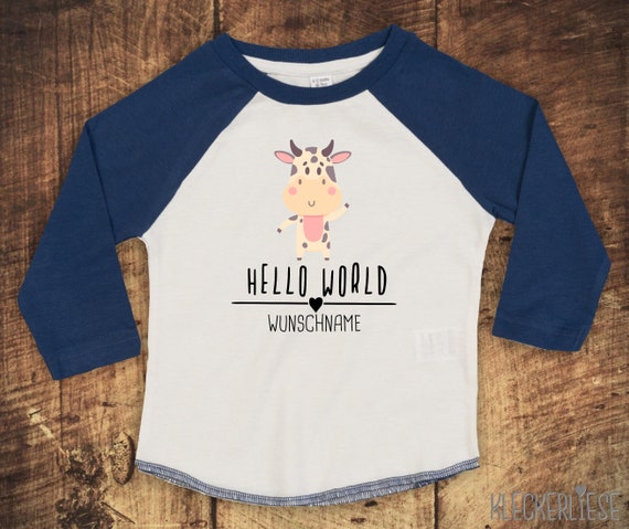 T-Shirt Langarmshirt mit Wunschname "Hello World Kuh Wunschname" Raglan-Ärmel Jungen Mädchen Baby Kinder