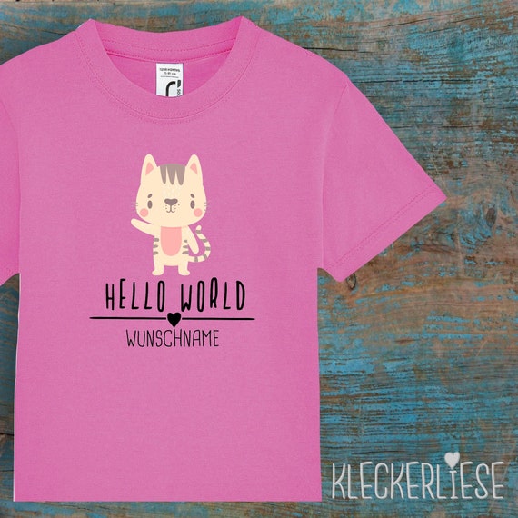 Kinder Baby Shirt mit Wunschname Kleinkind "Hello World Katze Wunschname" T-Shirt Jungen Mädchen