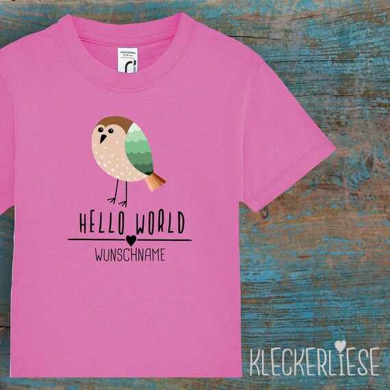 Kinder Baby Shirt mit Wunschname Kleinkind "Hello World Vogel Wunschname" T-Shirt Jungen Mädchen