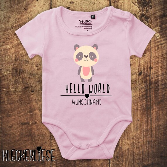kleckerliese Babybody Body mit Wunschname "Hello World Pandabär Wunschname" Fair Wear, Bio, Organic Baby Jungen Mädchen