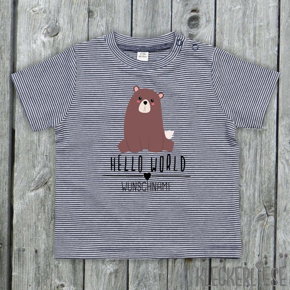 Baby Shirt mit Wunschname "Hello World Bär Wunschname" Tiermotive Bär Farbe Blau/Weiß kleckerliese strip