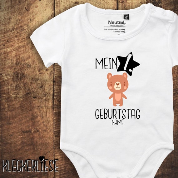 kleckerliese Babybody Body mit Wunschname "Mein 1. Geburtstag Bär mit Wunschname" Fair Wear, Bio, Organic Baby Jungen Mädchen