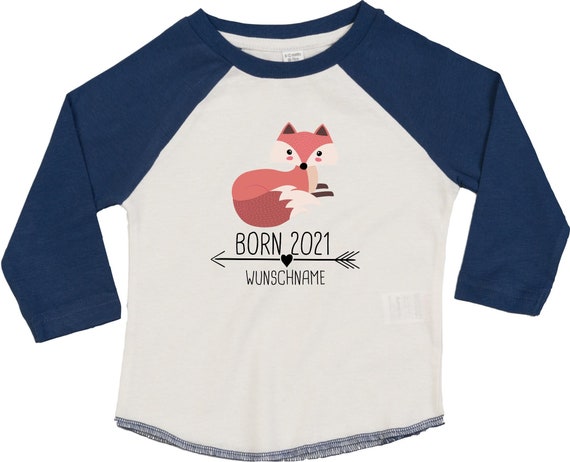 Kleckerliese Baby Kinder T-Shirt Langarmshirt  "Born 2021 Tiermotiv Pfeil Wunschname Name Text Fuchs" Raglan-Ärmel Jungen Mädchen