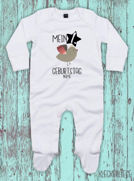 Baby Schlafanzug mit Wunschtext "Mein 1. Geburtstag Vogel mit Wunschname" Sleepsuit Langarm Jungen Mädchen Einteiler Strampler