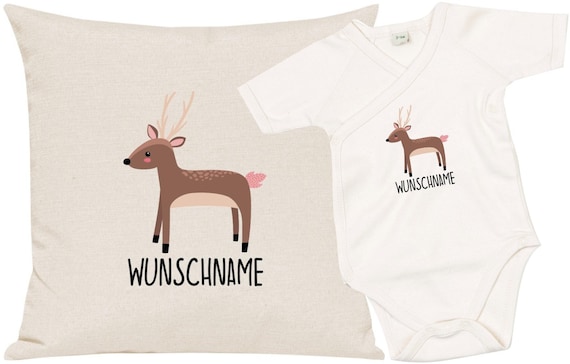 kleckerliese Geschenkset Geburt Kissen Body mit Tiermotiv "Reh" Fair Wear mit Kissenfüllung