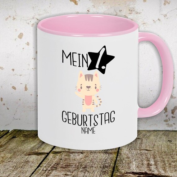 Kaffeetasse mit Wunschnamen Tasse Motiv "Mein 1. Geburtstag Katze mit Wunschname" Tasse Teetasse Milch Kakao