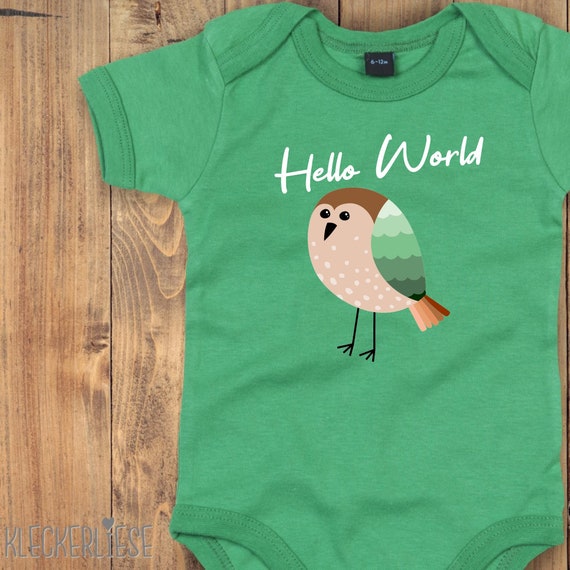 Baby Body "Hello World Vogel" Babybody Strampler Jungen Mädchen Kurzarm