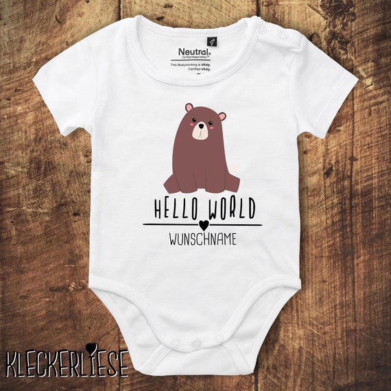 kleckerliese Babybody Body mit Wunschname "Hello World Bär Wunschname" Fair Wear, Bio, Organic Baby Jungen Mädchen