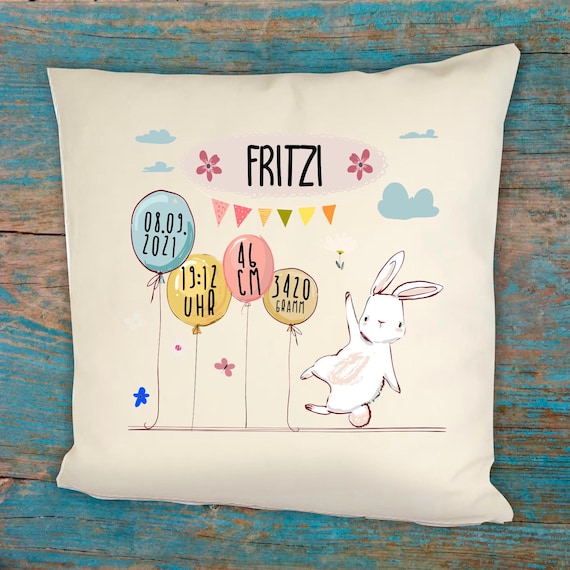 customizable pillowcase rabbit for birth with desired name, date, time, weight and size cuddly pillow vers. Forms Gift Baptism
