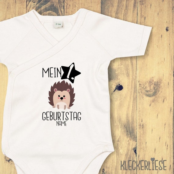 Wickelbody mit Wunschtext "Mein 1. Geburtstag Igel mit Wunschname" Babybody Strampler Wickelbody Organic Kimono Kurzarm Baby Body