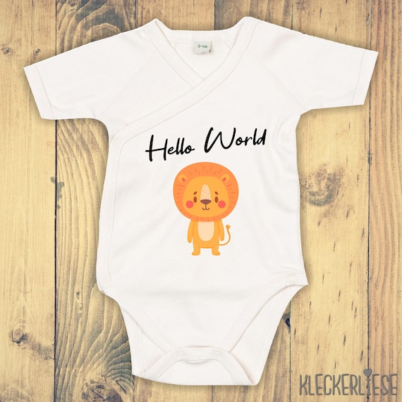 kleckerliese Wickel Baby Body "Hello World Löwe" Babybody Strampler Wickelbody Organic Kimono Kurzarm