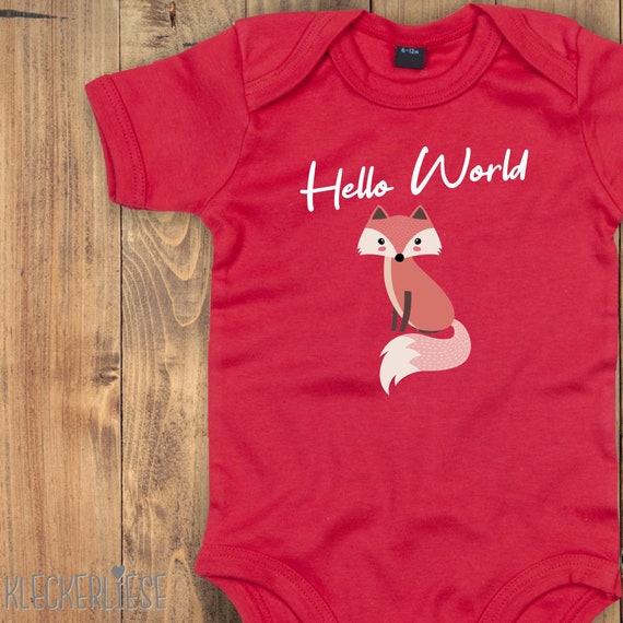 Baby Body "Hello World Fuchs" Babybody Strampler Jungen Mädchen Kurzarm