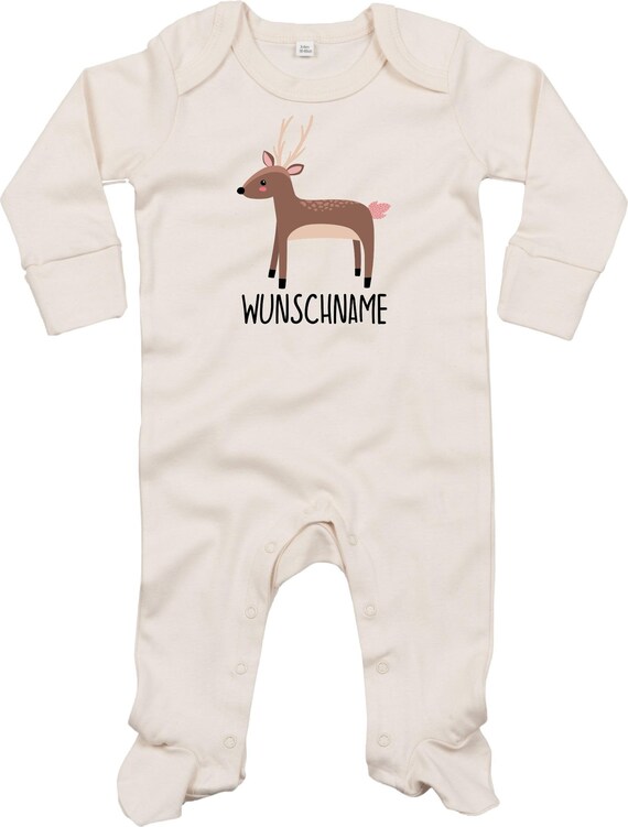 Kleckerliese Baby Schlafanzug mit Wunschnamen "Wunschname Reh" Sleepsuit Langarm Jungen Mädchen Einteiler Strampler