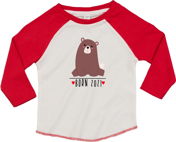 Kleckerliese Baby Kinder T-Shirt Langarmshirt  "Born 2021 Tiermotiv Bär" Raglan-Ärmel Jungen Mädchen
