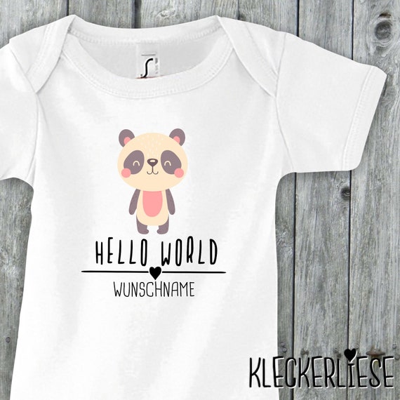 Baby Body mit Wunschname "Hello World Pandabär Wunschname" Babybody Strampler Jungen Mädchen